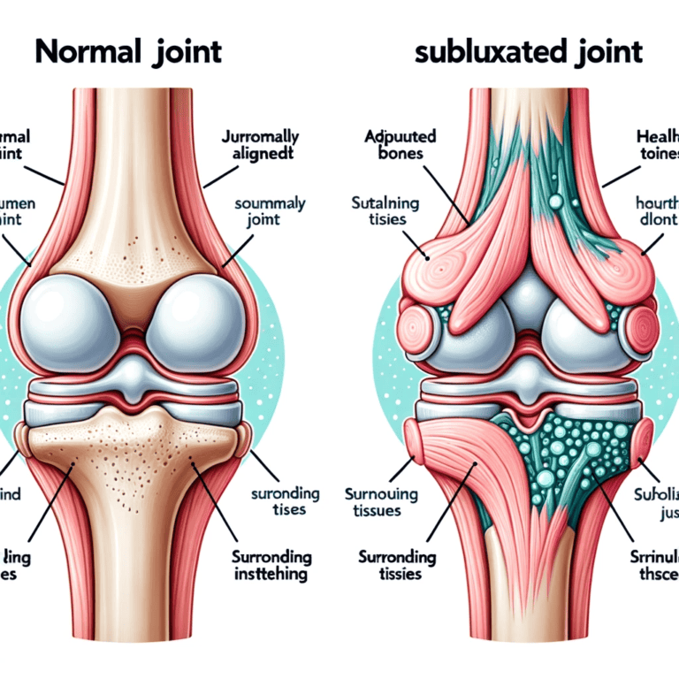 Illustration of a normal joint and a subluxated joint placed side by side. The normal joint shows bones properly aligned with healthy surrounding tiss