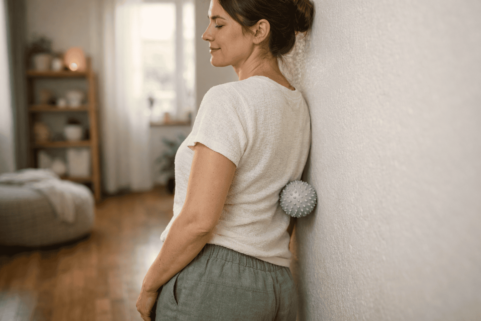 Self-care lower back acupressure with a soft massage ball
