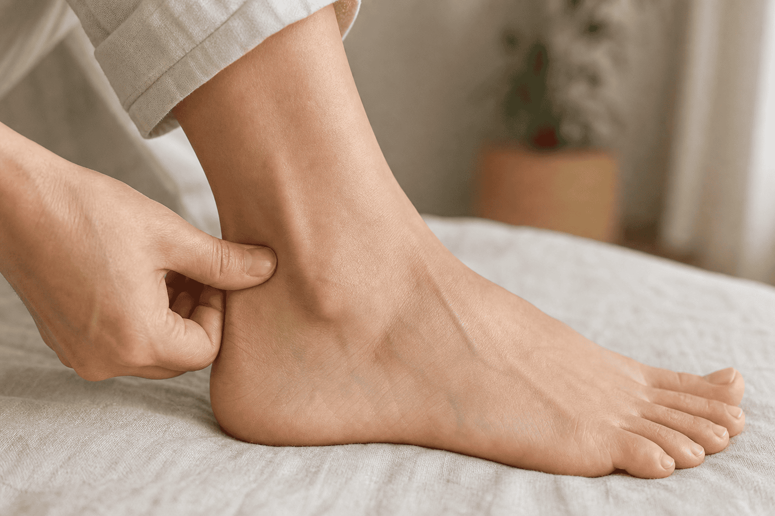 BL-58 Feiyang acupressure technique Gentle pressure near the BL-58 Feiyang point on the outer lower calf above the ankle