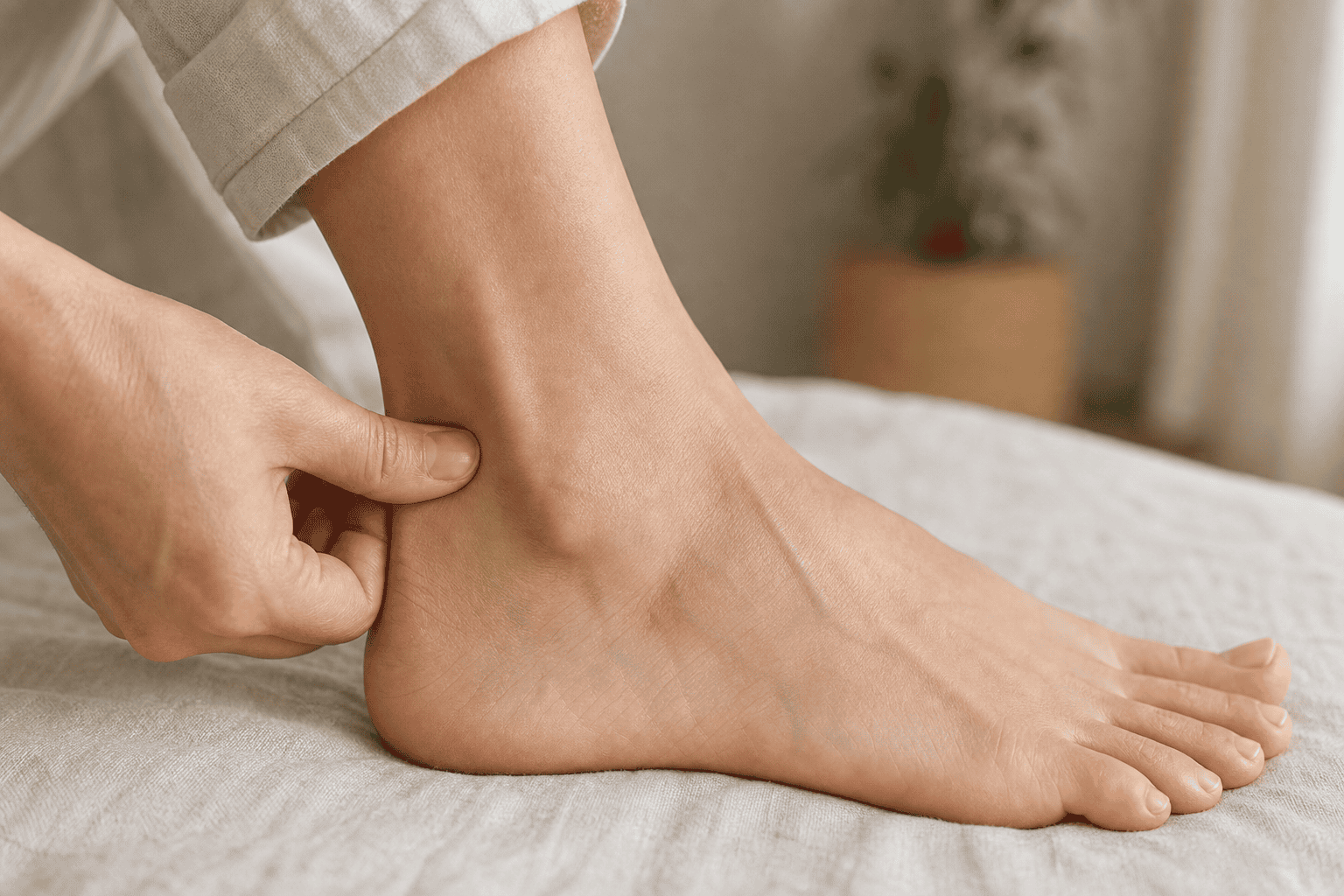 Gentle pressure near the BL-60 Kunlun point on the outer ankle