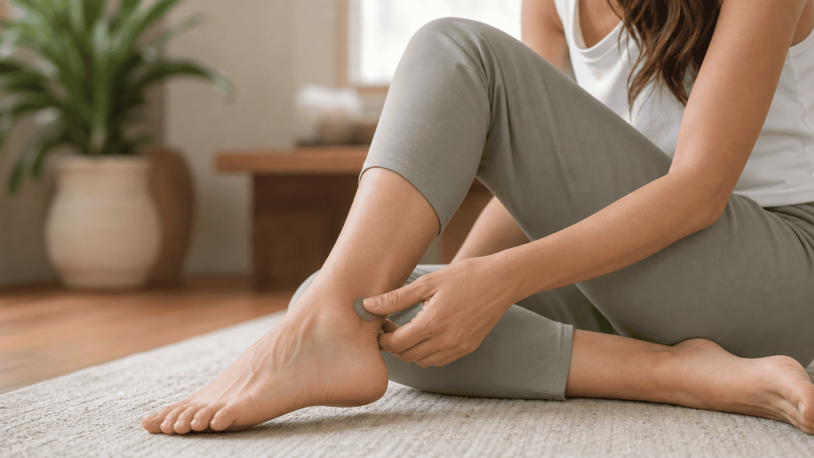 Self-care acupressure around the outer side of the foot near the fifth metatarsal area