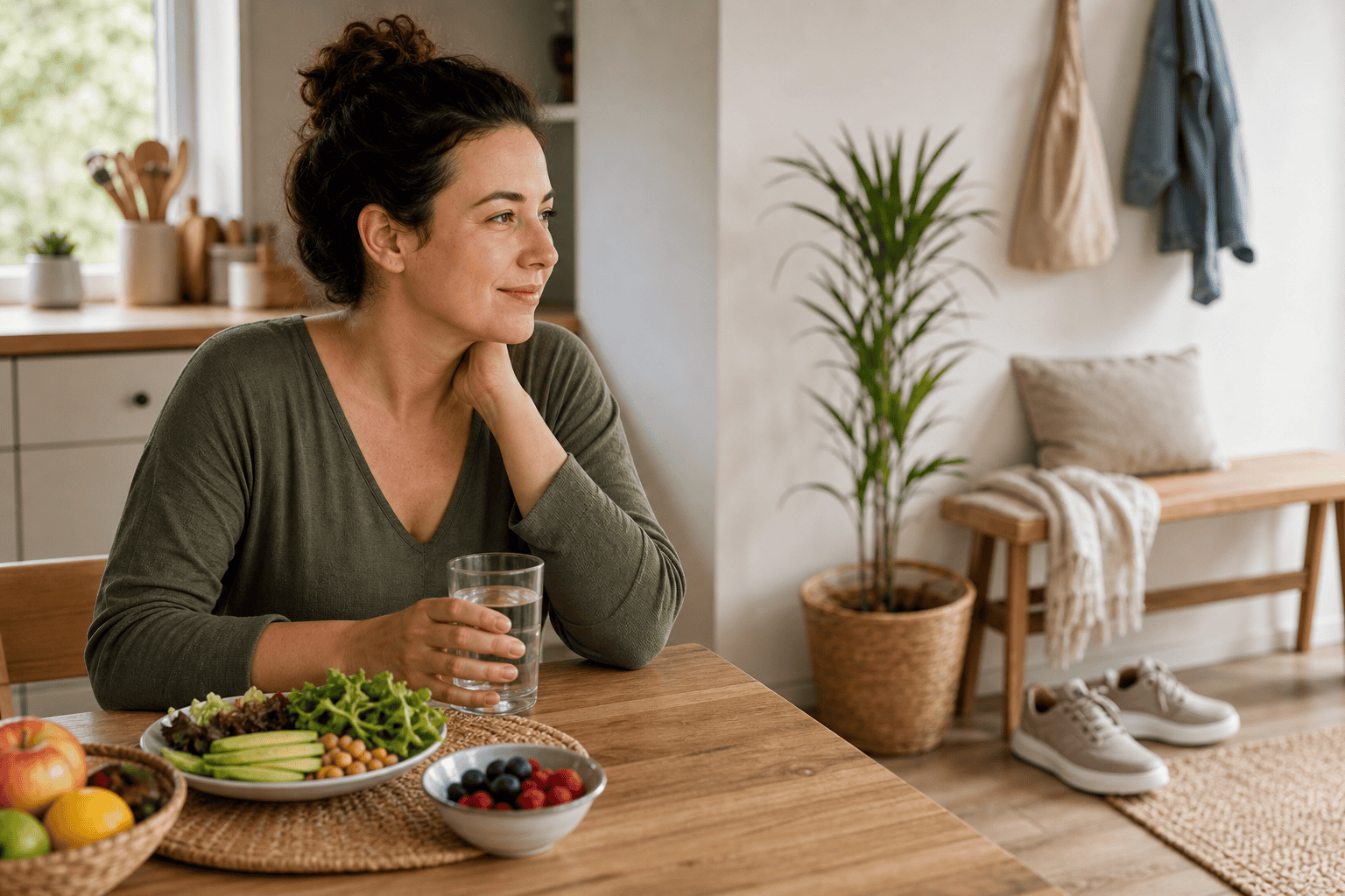 Realistic weight management routine with water, simple food, movement, and self-care