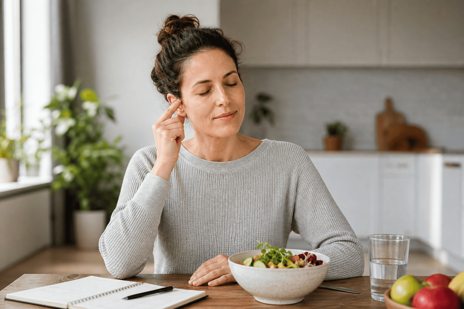 Person using a gentle ear acupressure pause during a realistic weight management routine