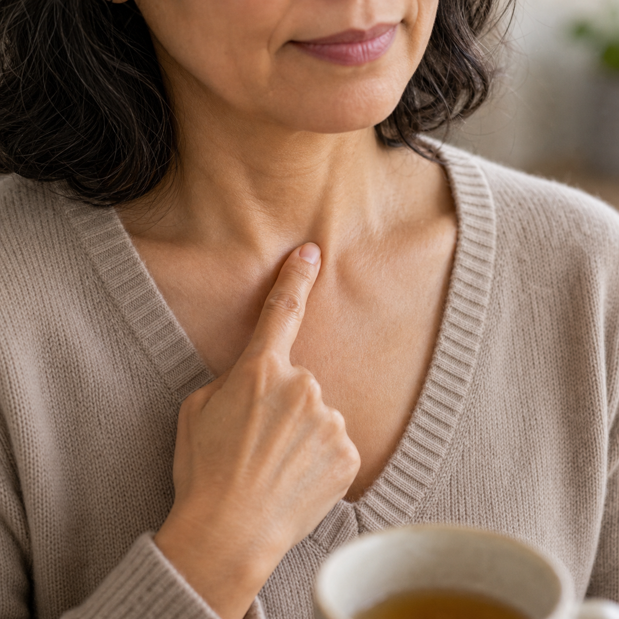 Self-care acupressure around the small hollow at the base of the front neck