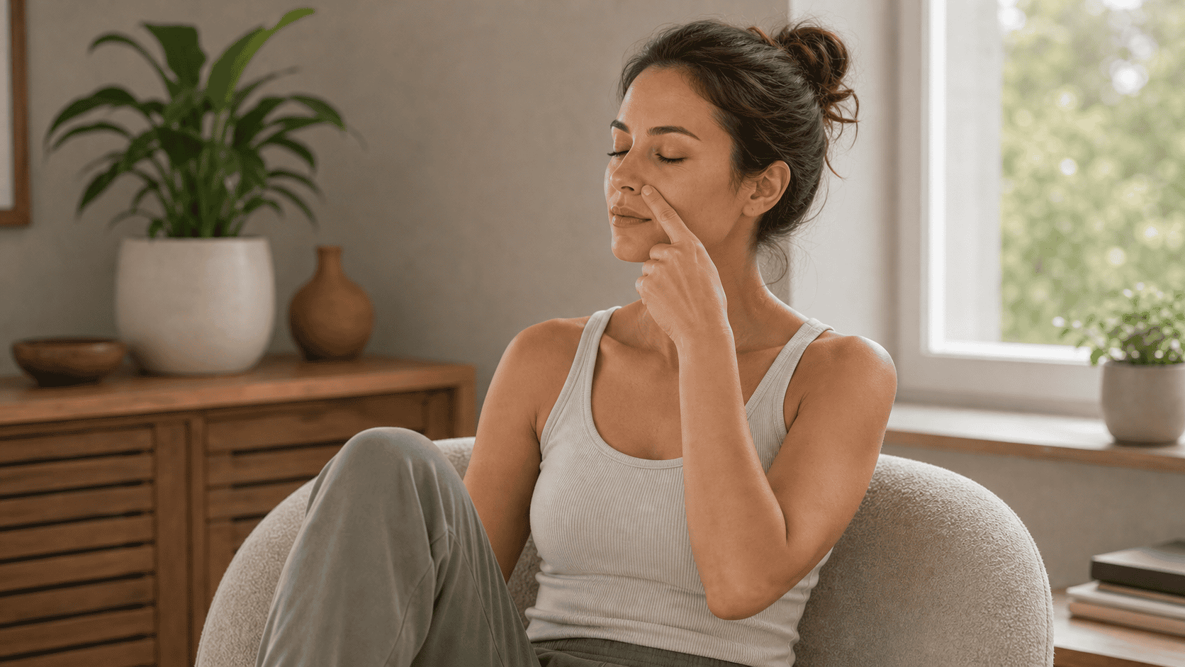 Gentle self-acupressure for the EX-HN14 area Self-care acupressure around the side of the nose