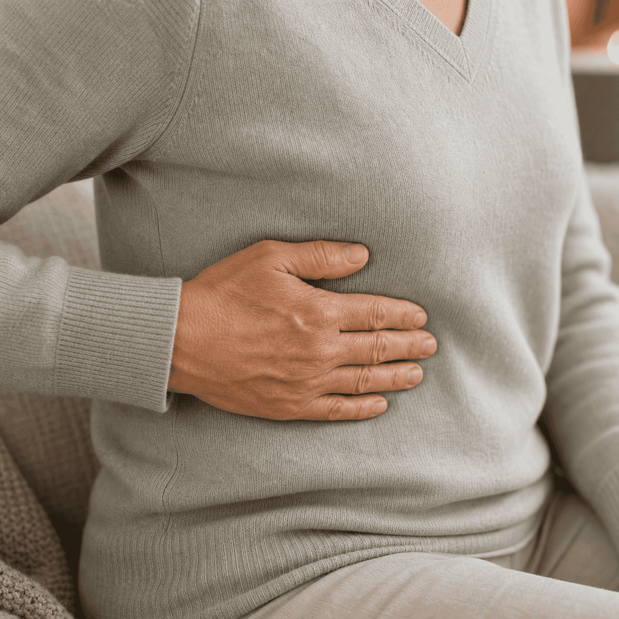 Self-care acupressure around the lower rib and upper abdomen area under the chest
