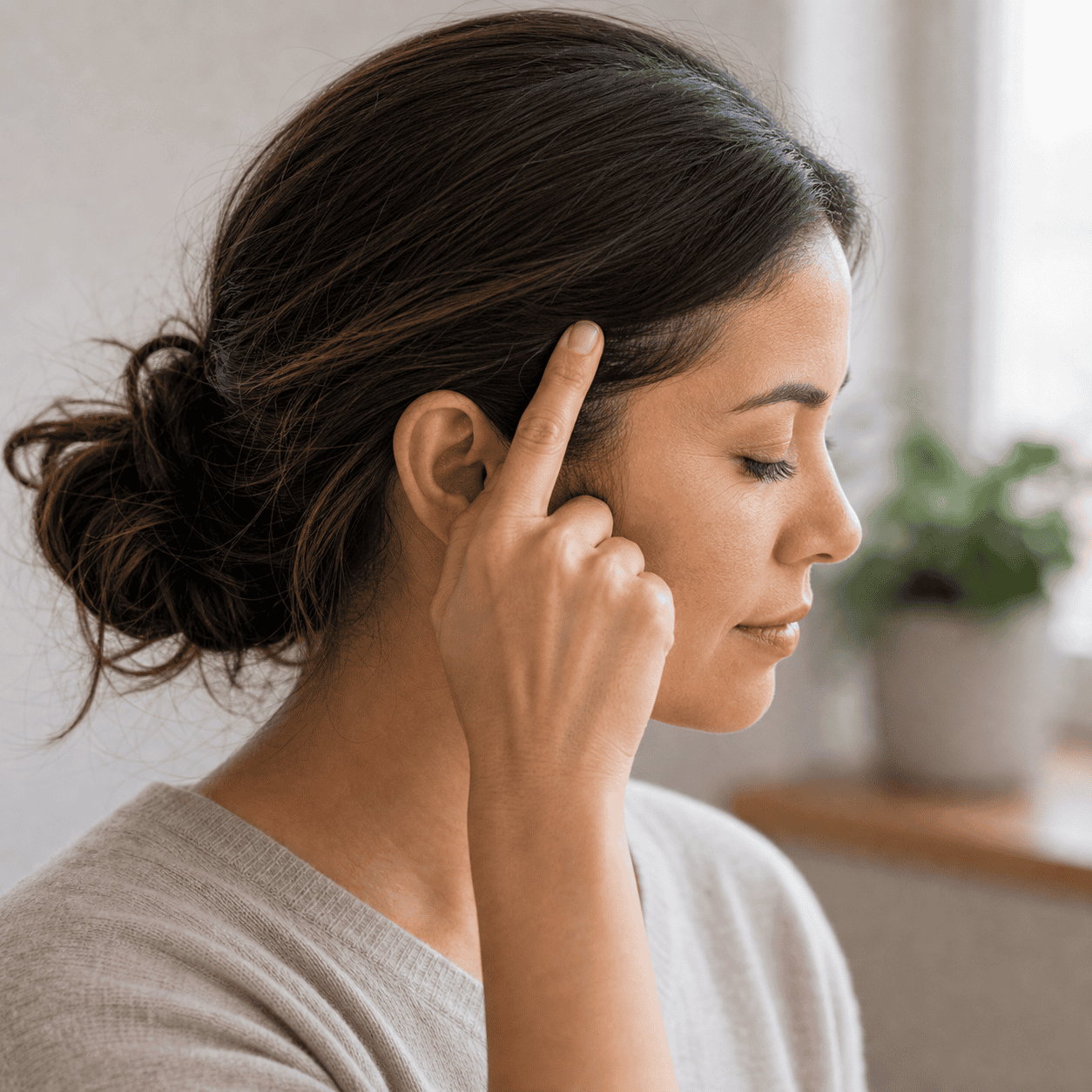 Gentle pressure near the GB-8 Shuaigu point on the side of the head above the ear