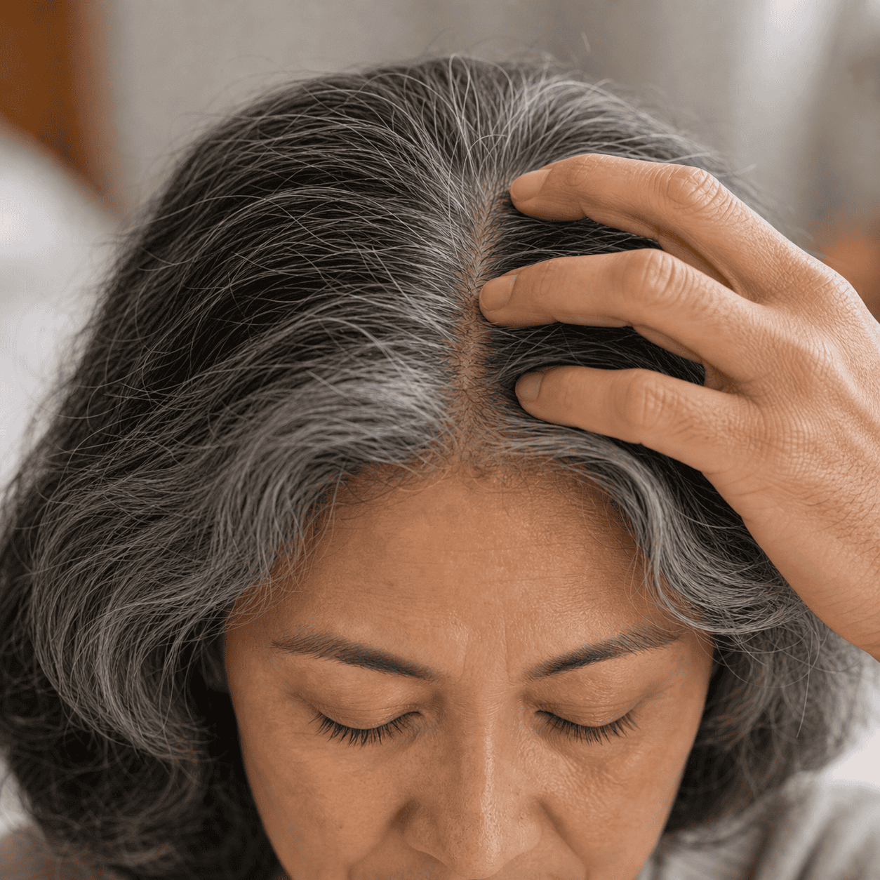 Gentle self-acupressure for the GV-22 area Self-care acupressure around the front-to-crown scalp area