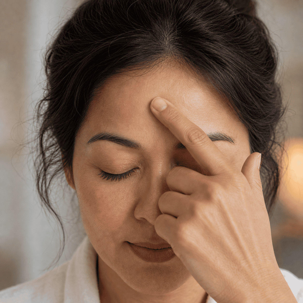 Self-care acupressure around the front scalp just behind the hairline