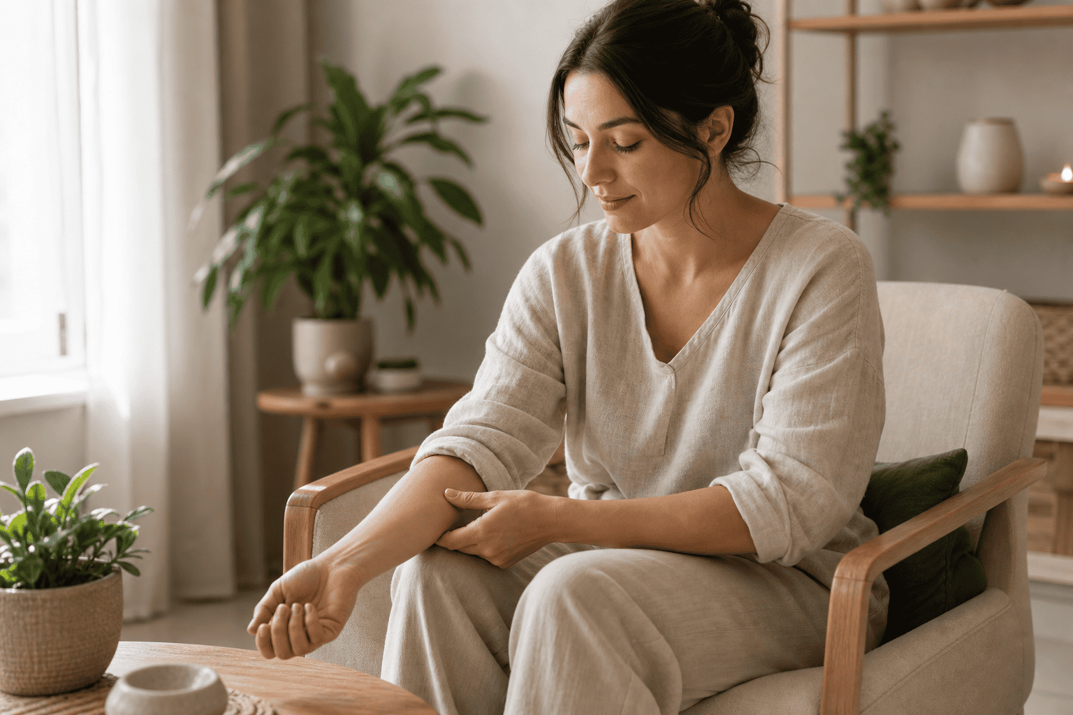Calm person preparing for a short self-acupressure routine at home