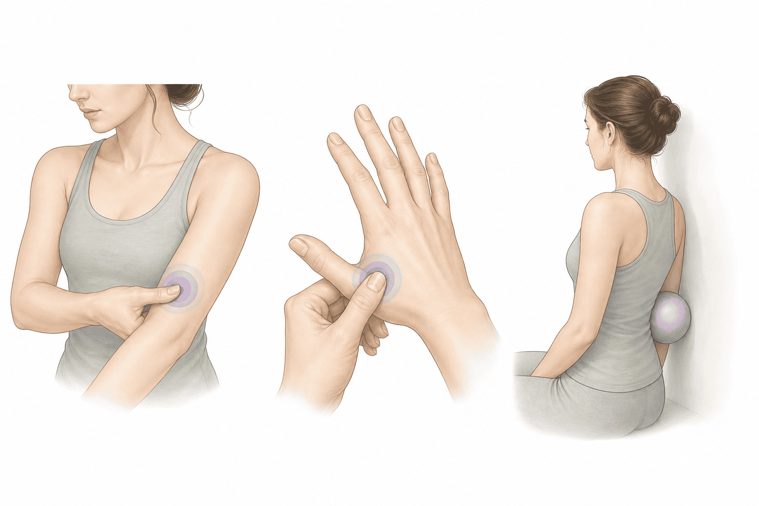 Three beginner self-acupressure methods using thumb, fingers, and a soft massage ball