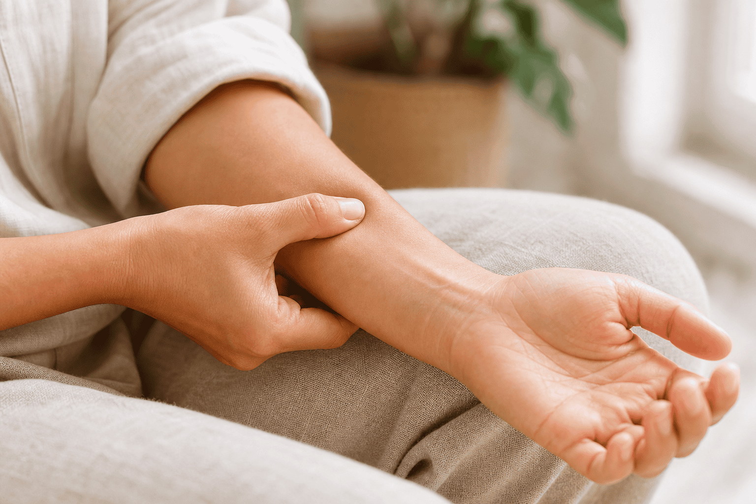 Person using gentle thumb pressure for self-acupressure at home