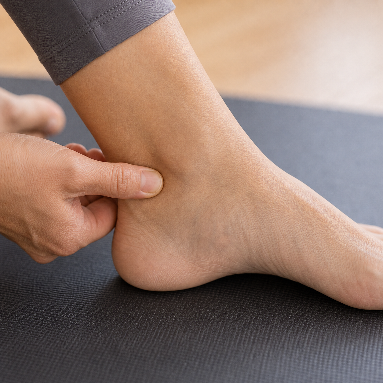 Self-care acupressure around the inner ankle and heel area below KID-3