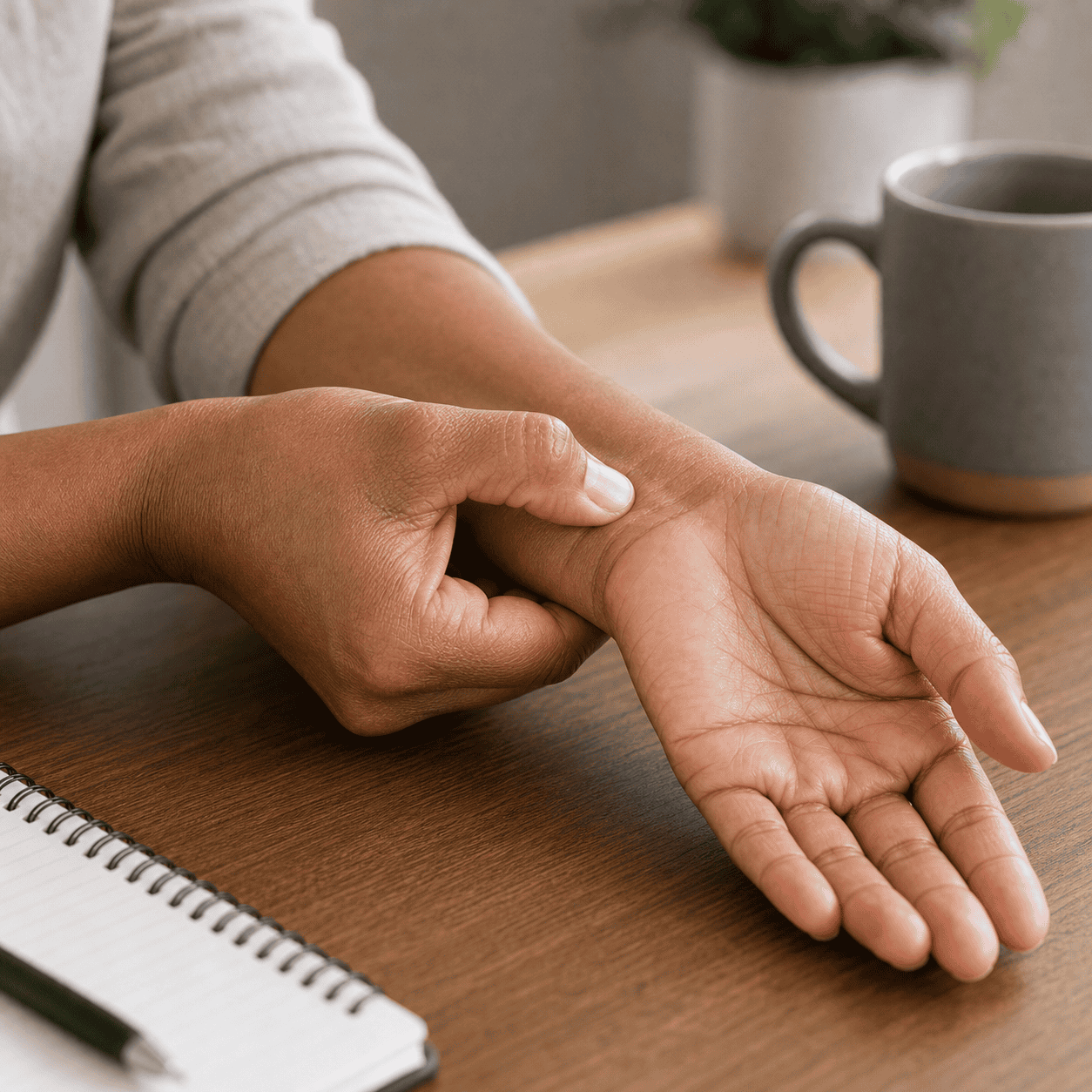 Self-care acupressure around the center of the wrist crease