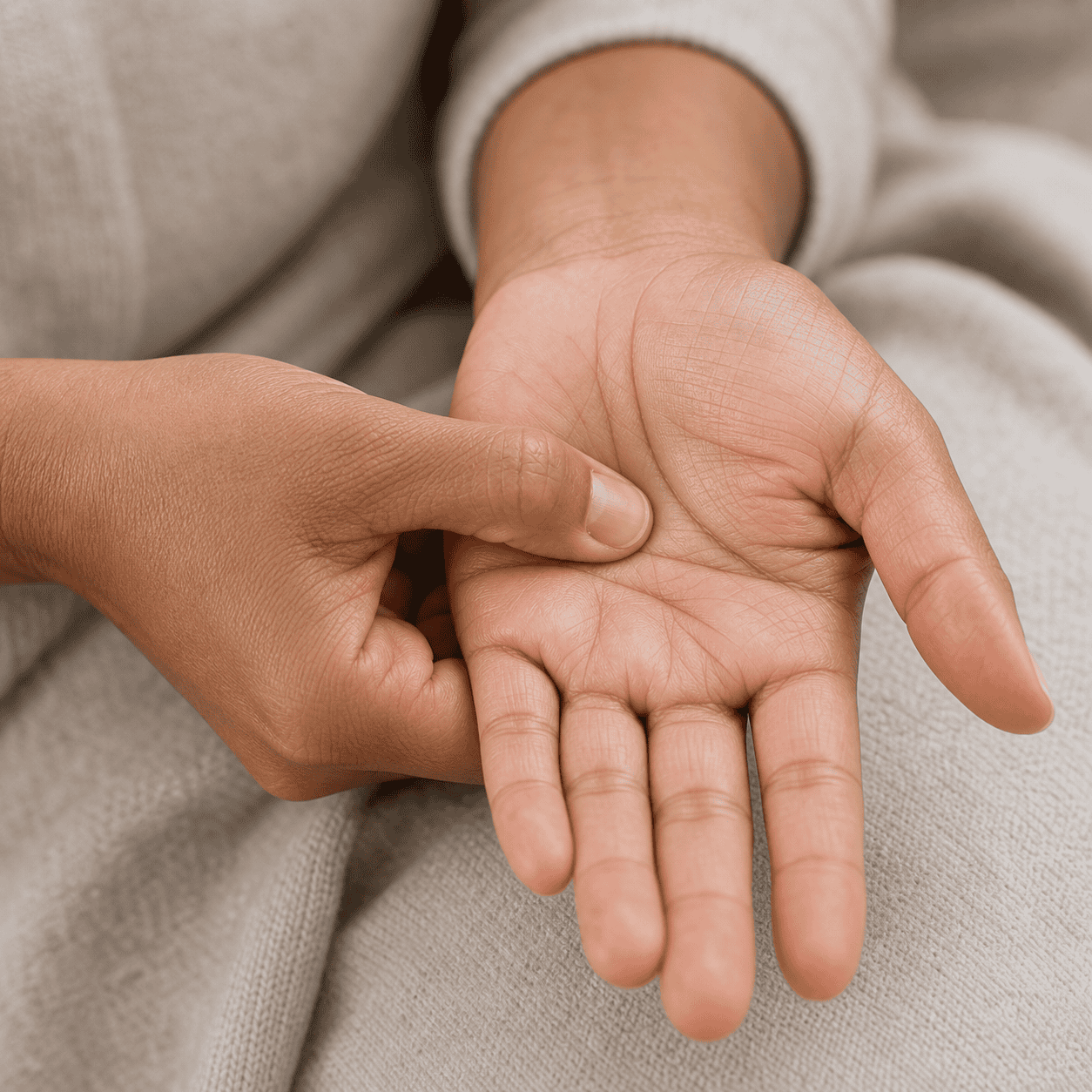 Gentle self-acupressure for the PC-8 area Self-care acupressure around the center of the palm