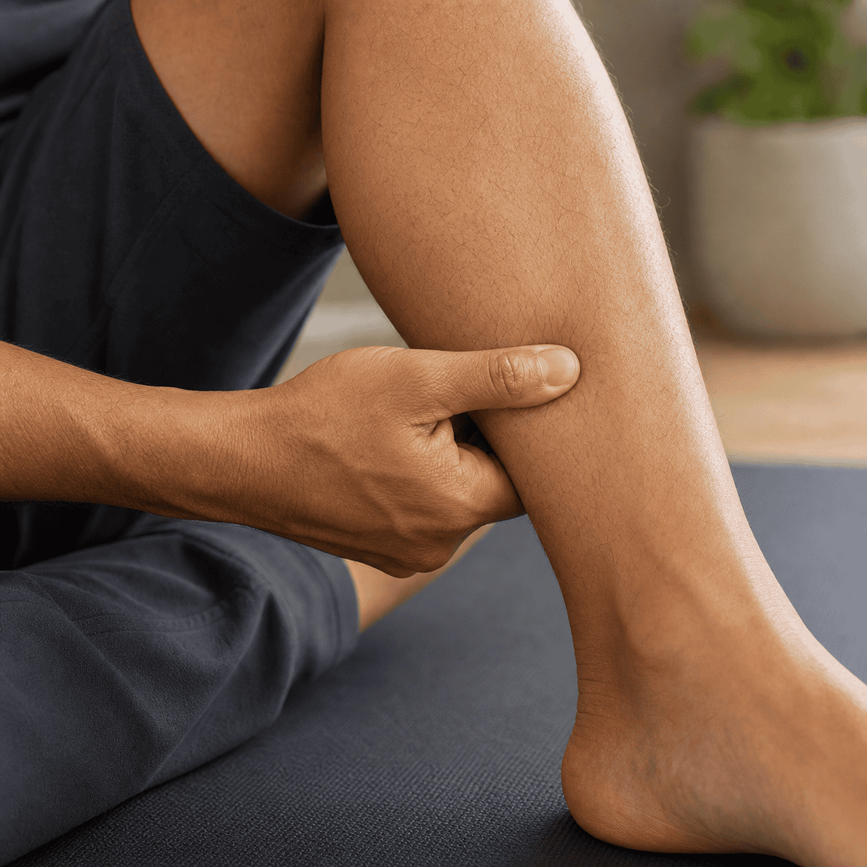 Gentle self-acupressure for the ST-40 area Self-care acupressure around the outer lower leg above the ankle