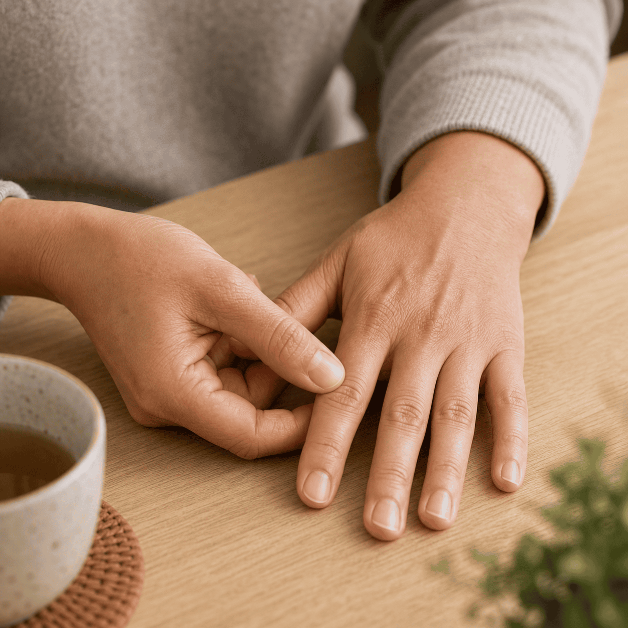 Gentle pressure near the TW-1 Guanchong point on the ring finger near the nail corner