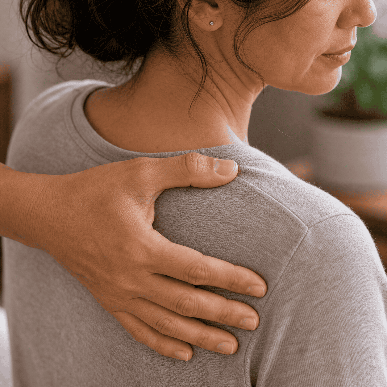 Self-care acupressure around the back of the shoulder just below the outer shoulder bone