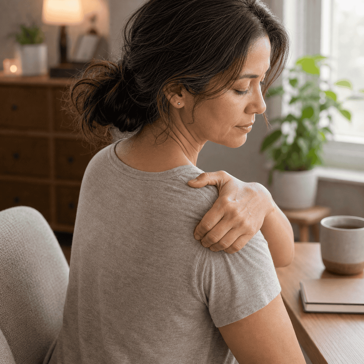 Gentle pressure near the TW-14 Jianliao point on the back of the shoulder just below the outer shoulder bone