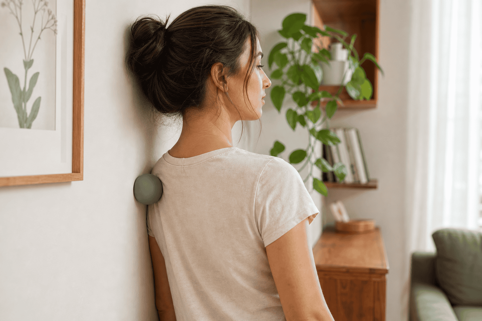 Self-care upper shoulder blade acupressure with a soft massage ball