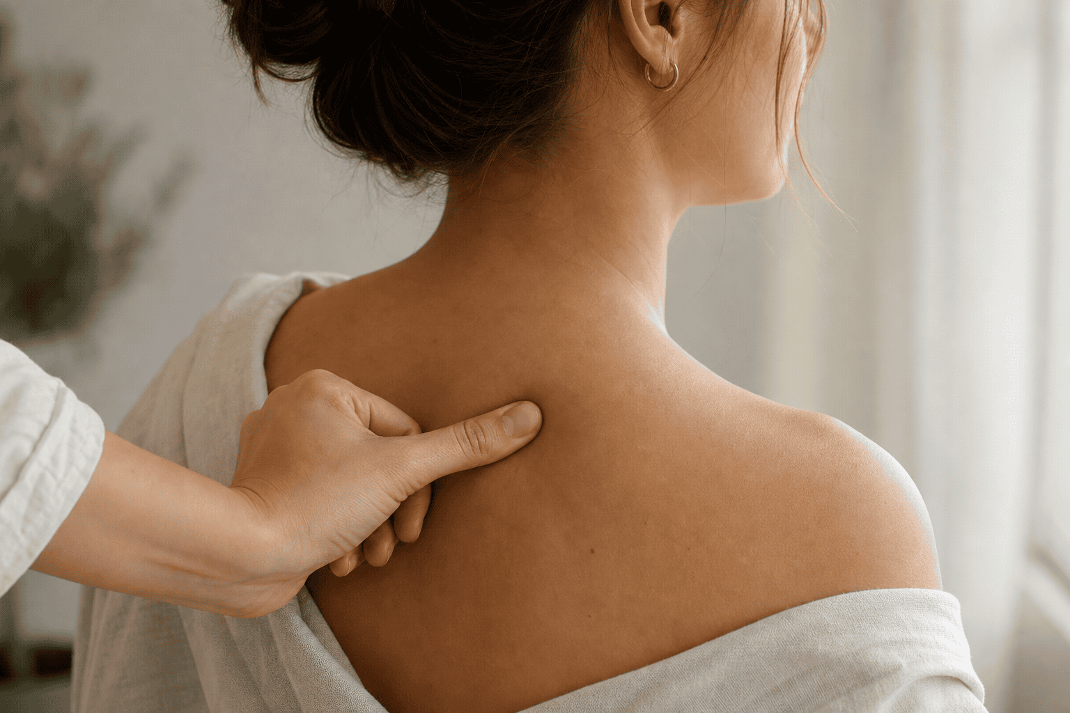 Gentle finger pressure near the TW-15 Tianliao point on the upper shoulder blade