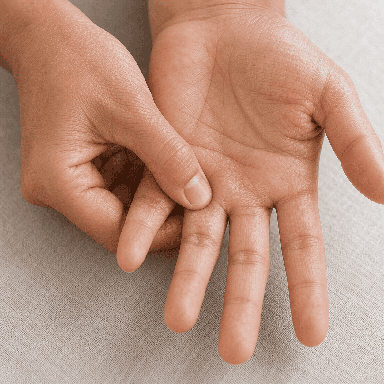 Self-care acupressure around the web space between the ring and little fingers