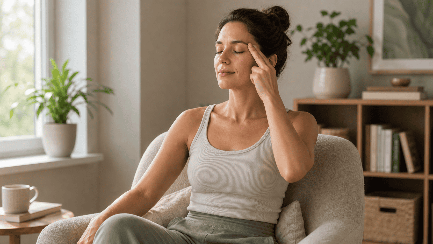 Gentle self-acupressure for the TW-23 area Self-care acupressure around the outer eyebrow and temple
