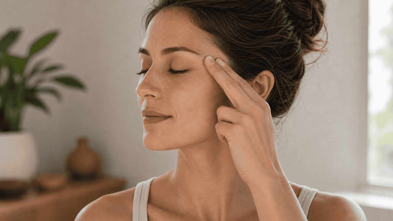 TW-23 Sizhukong acupressure technique Gentle pressure near the TW-23 Sizhukong point on the outer eyebrow and temple